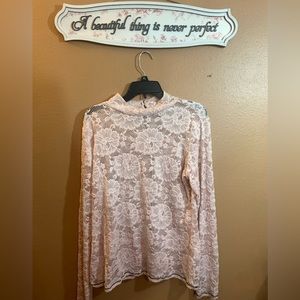Guess Blush Pink Lace/Net Mock Turtle Neck Blouse - XL